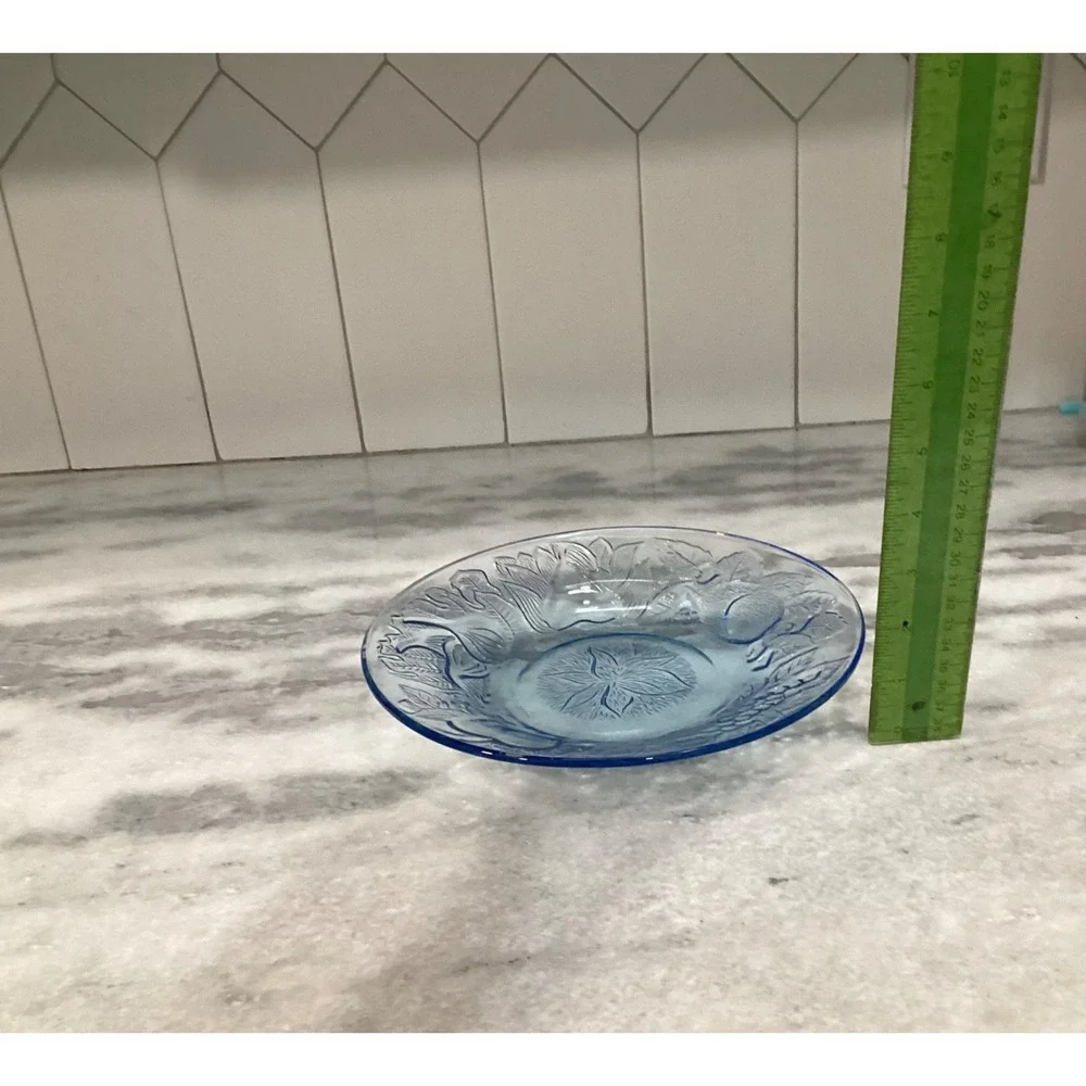 Set of 4 KIG Indonesia Poinsettia Blue Glass Plates Embossed Fruit 8.5